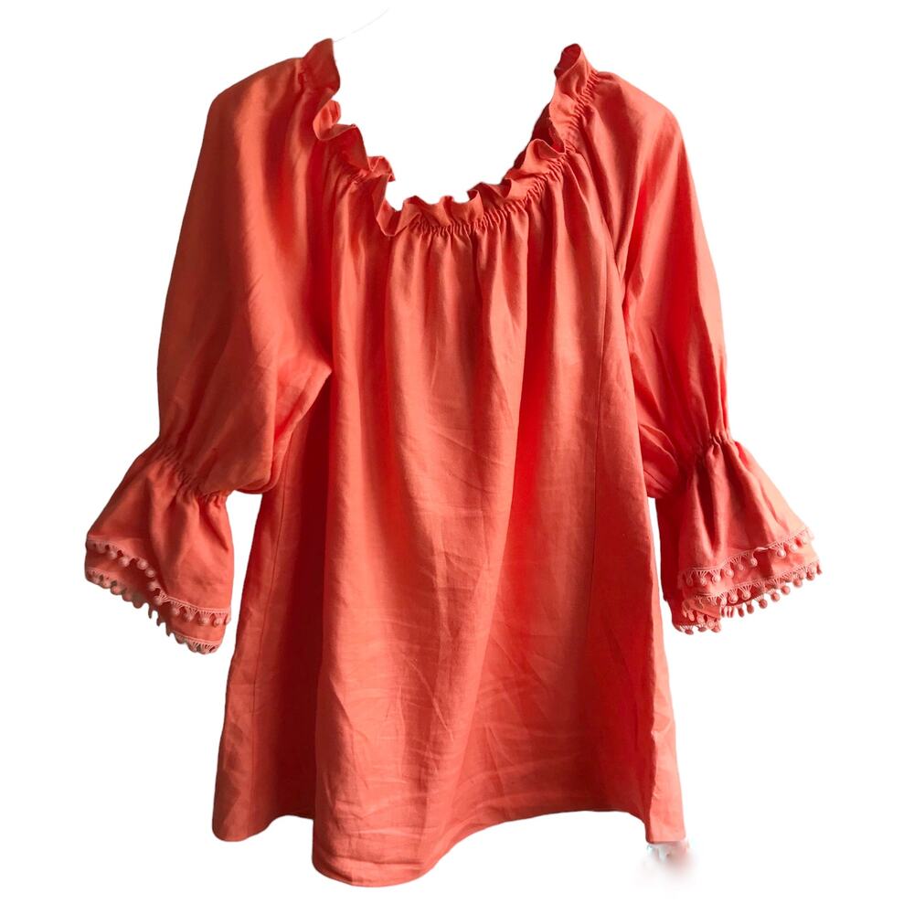 Paris Susan Sutherland Linen Blouse XL Coral Embroidered - Picture 14 of 16